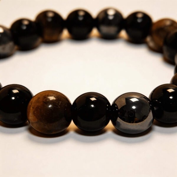 tiger-eye-obsidian-hematite-bracelet-beads-closeup Close-up of tiger eye, obsidian and hematite bracelet beads