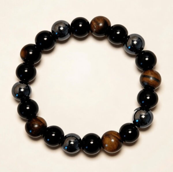 tiger-eye-obsidian-hematite-protection-bracelet-top-view Tiger eye, obsidian and hematite protection bracelet top view