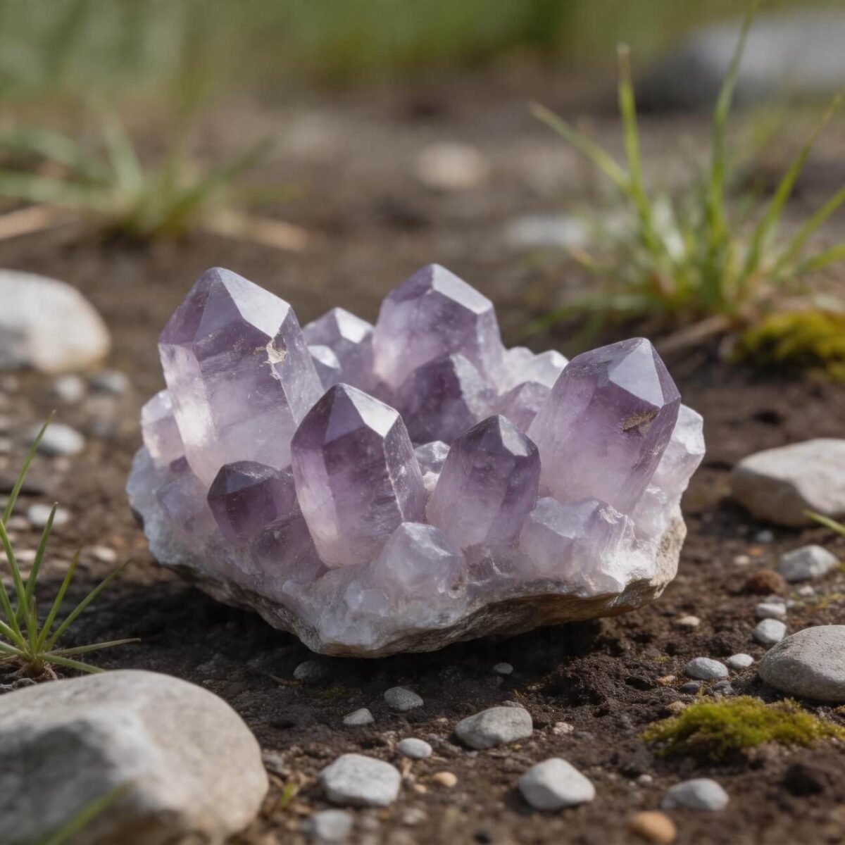 Natural amethyst crystal cluster outdoors