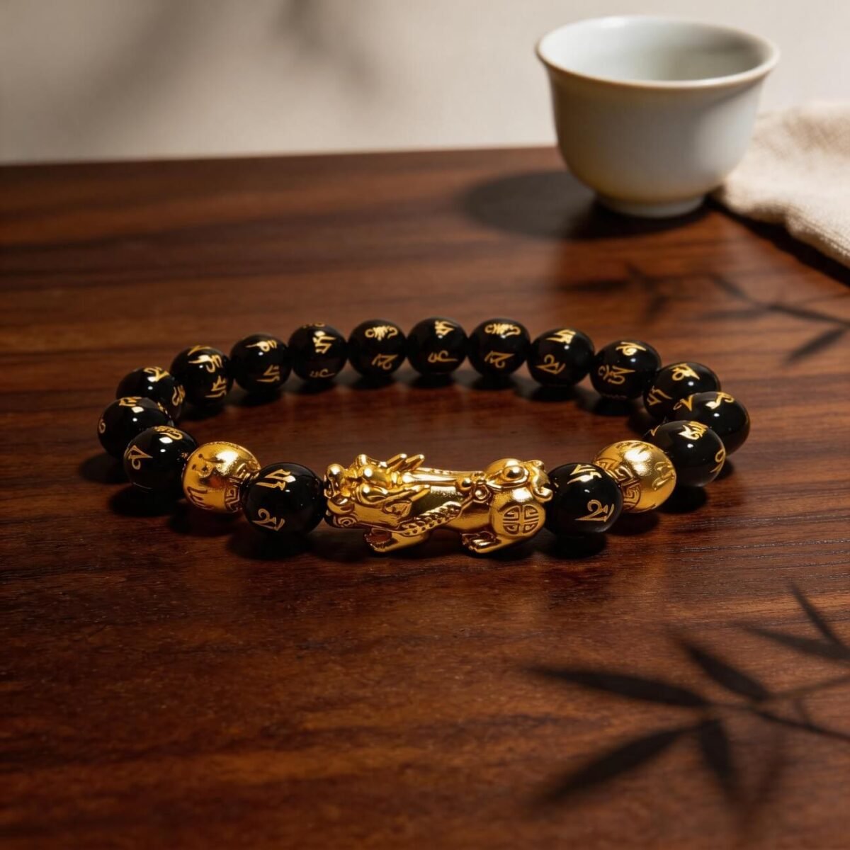 Pixiu wealth and protection bracelet on wooden table