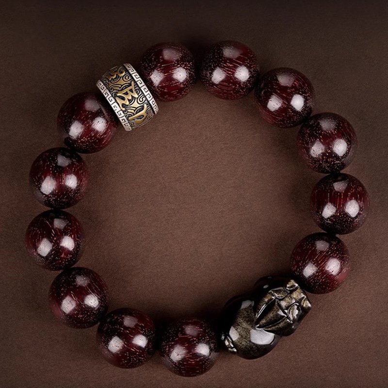 Rosewood and gold sheen obsidian Pixiu bracelet - 10mm