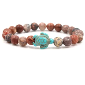 Red Leopard Skin Jasper & Lava Stone Turtle Bracelet