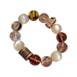 Tiger eye, smoky quartz and clear quartz bead bracelet