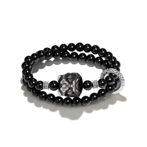 Double-Wrap Silver Obsidian Lion Bead Bracelet