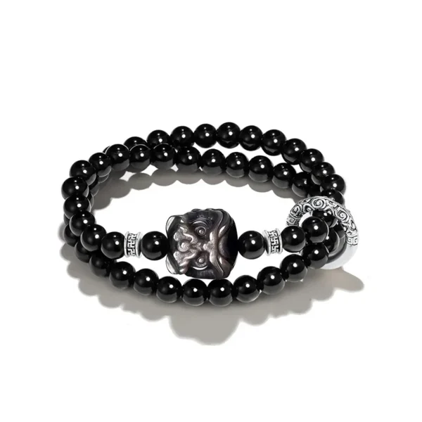 Double-Wrap Silver Obsidian Lion Bead Bracelet