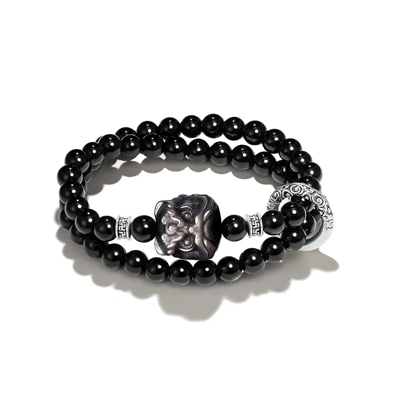 Double-Wrap Silver Obsidian Lion Bead Bracelet
