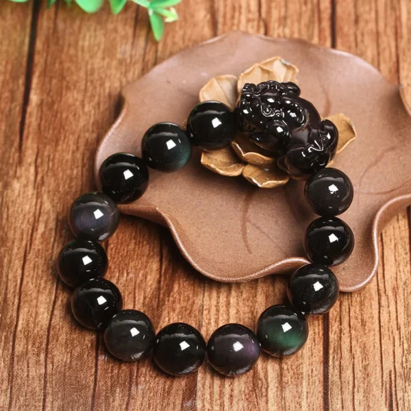 Alternate view of the black obsidian pixiu bead bracelet