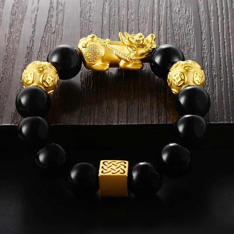 Black Obsidian Pixiu Bracelet with Square Gold-Tone Accents - 8mm