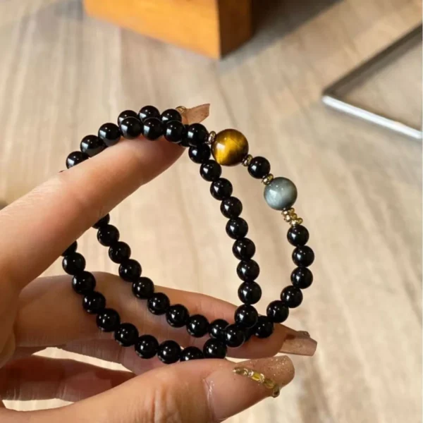 Double-Wrap Black Obsidian Bead Bracelet side view