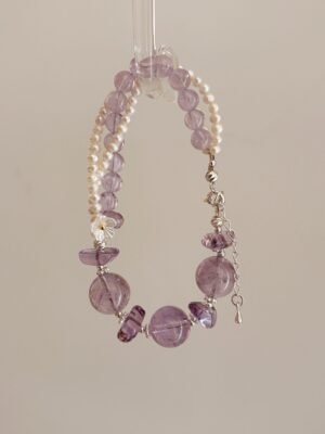 Amethyst and freshwater pearl double-strand bracelet with silver-tone clasp