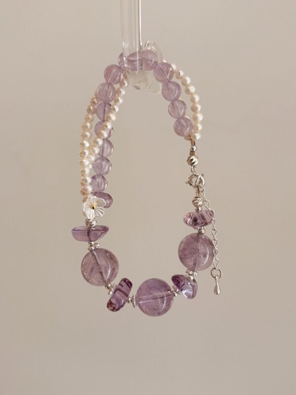 Amethyst and freshwater pearl double-strand bracelet with silver-tone clasp