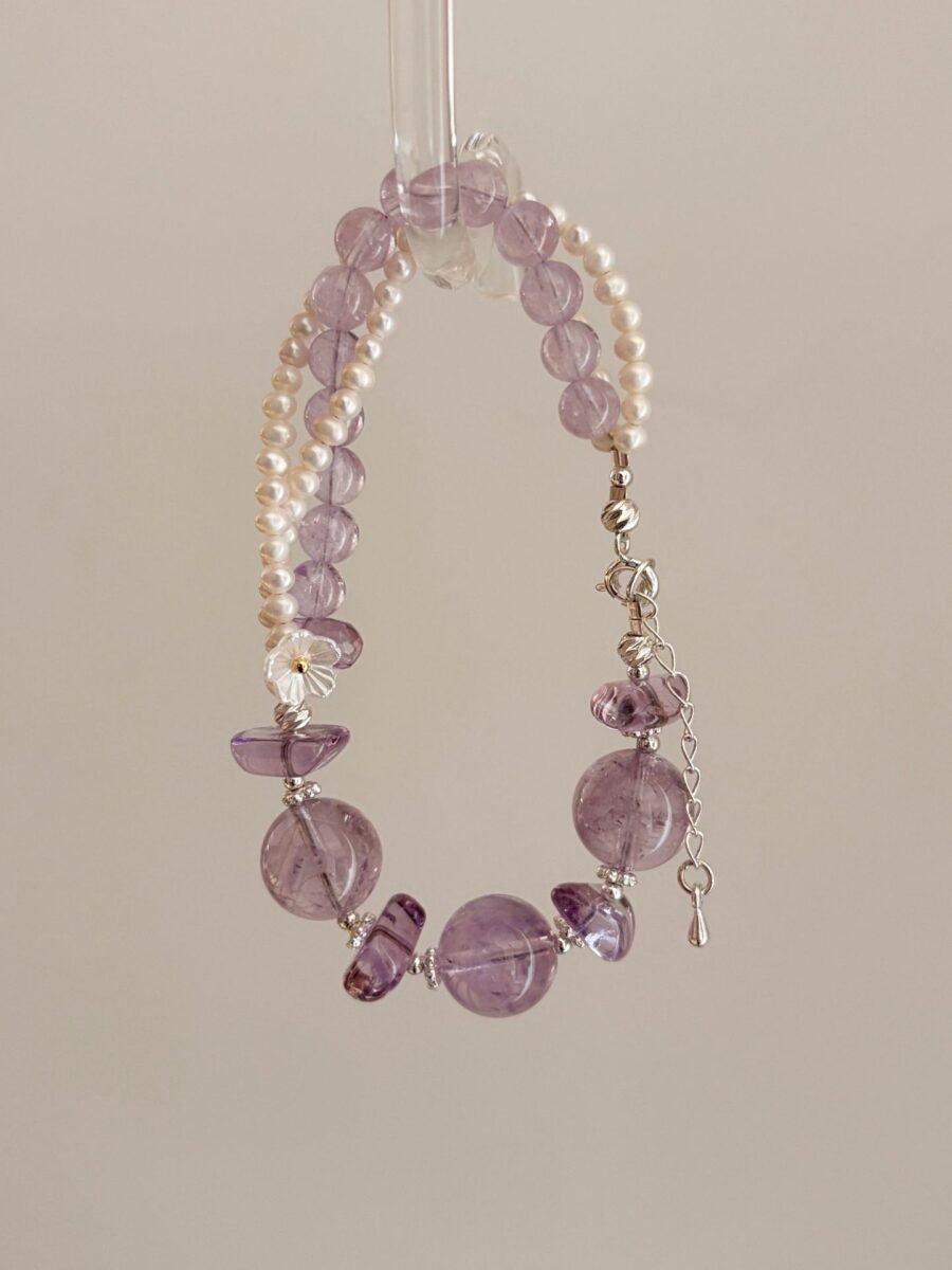 Amethyst and freshwater pearl double-strand bracelet with silver-tone clasp