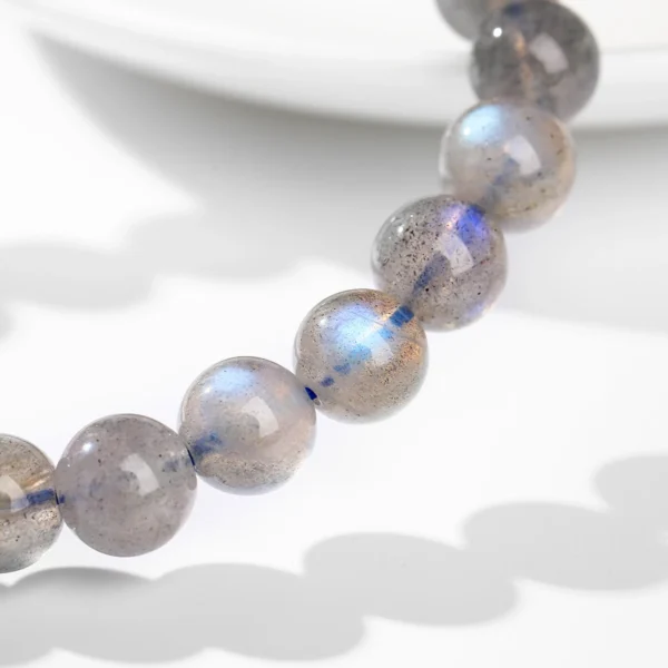 Close detail of gray moonstone beads with blue-flash appearance