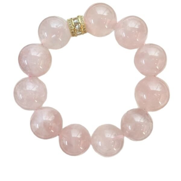 Rose quartz bracelet with 14mm round beads on a white background