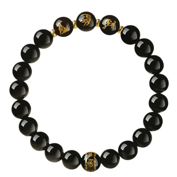 Black Obsidian Bead Bracelet alternate product view Black obsidian zodiac bead bracelet on a white background