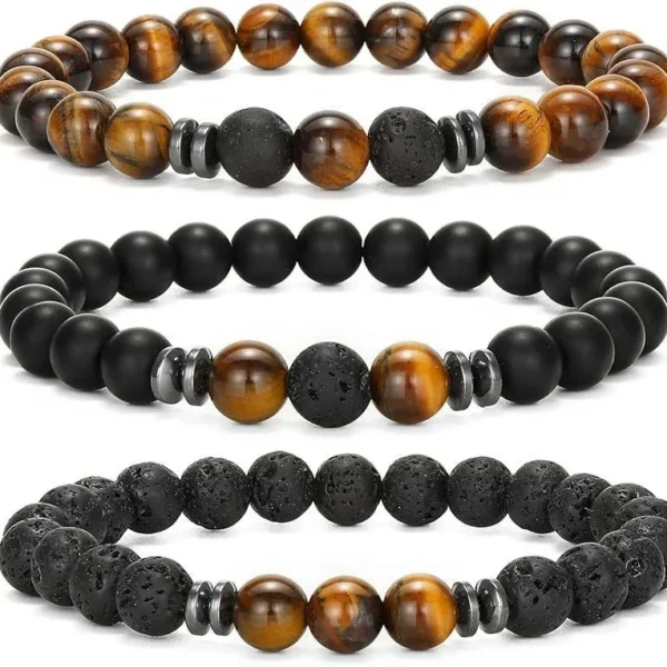 Three-piece Tiger Eye and lava stone bracelet set
