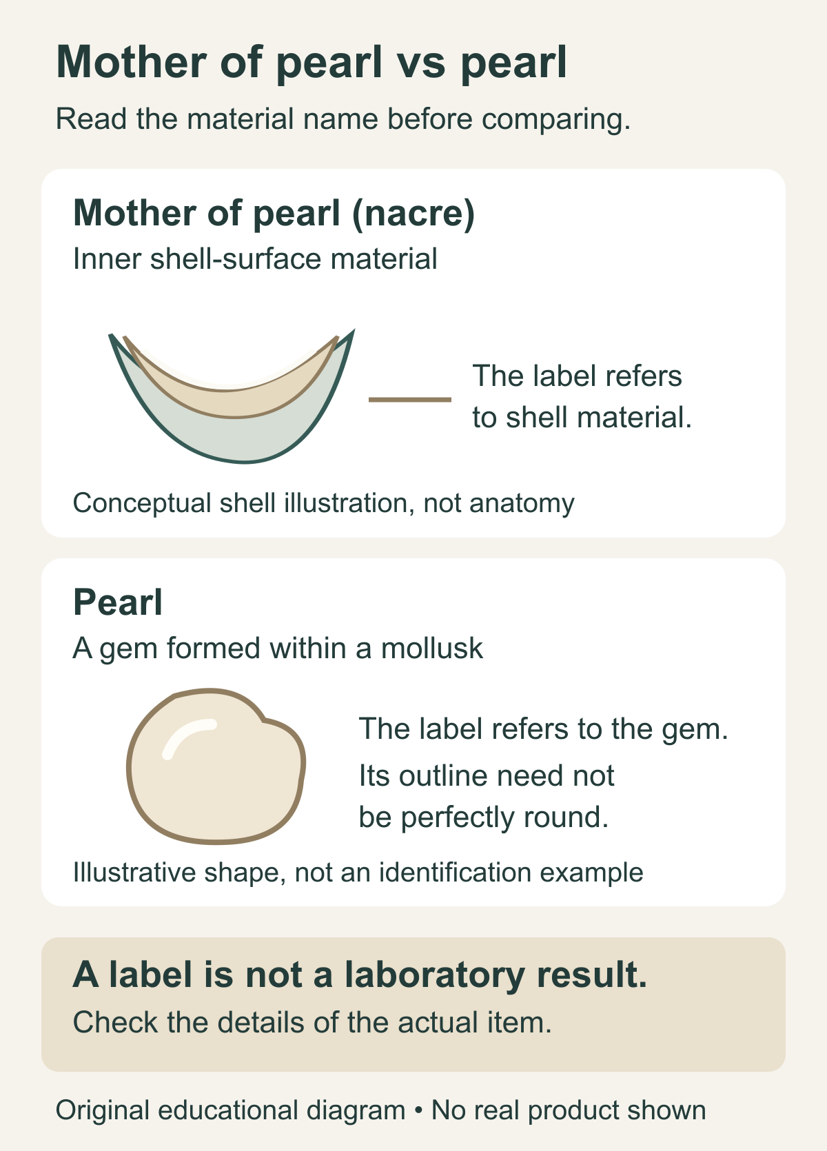 Educational diagram distinguishing mother of pearl as inner shell-surface material from a pearl formed within a mollusk, with a reminder that labels are not laboratory results.