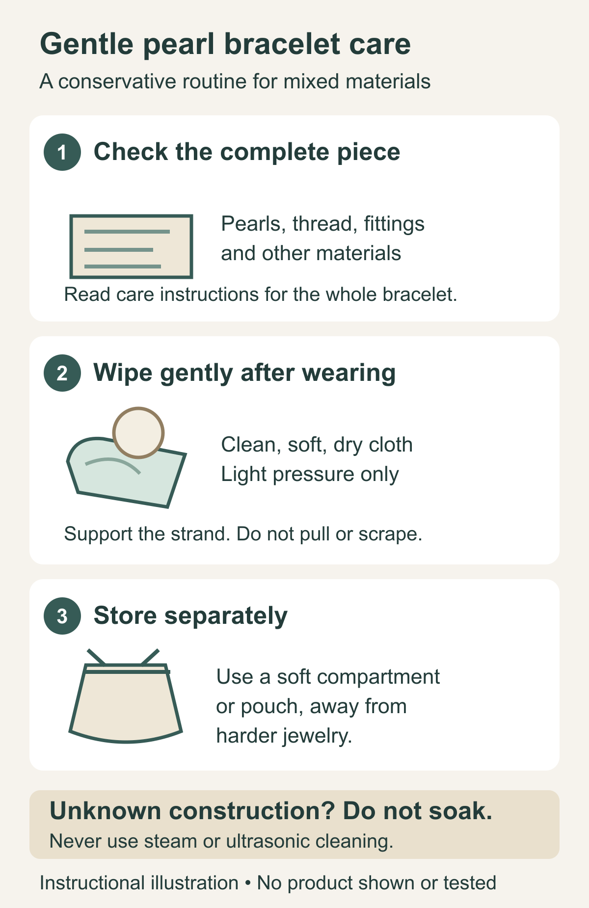 Instructional diagram showing a complete-material check, gentle dry-cloth wiping, and separate soft storage for a pearl bracelet.